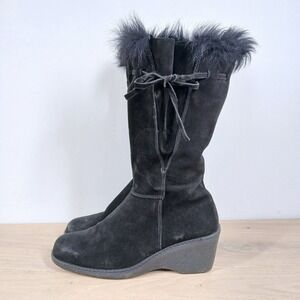 Maxine Of Canada Boots Womens 9 Black Suede Faux Fur Trim Wedge Winter Cozy